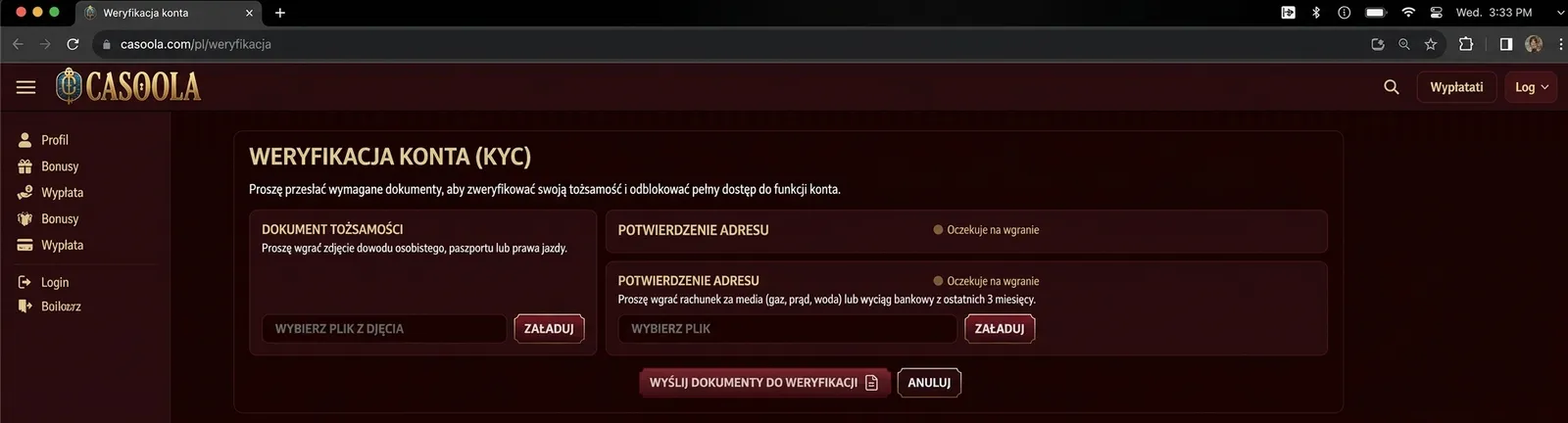 Proces weryfikacji konta w Casoola Casino